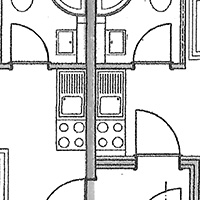 Grundriss eines kleinen Badezimmers mit Dusche, Toilette und Waschbecken, nebeneinander liegende Einheiten.