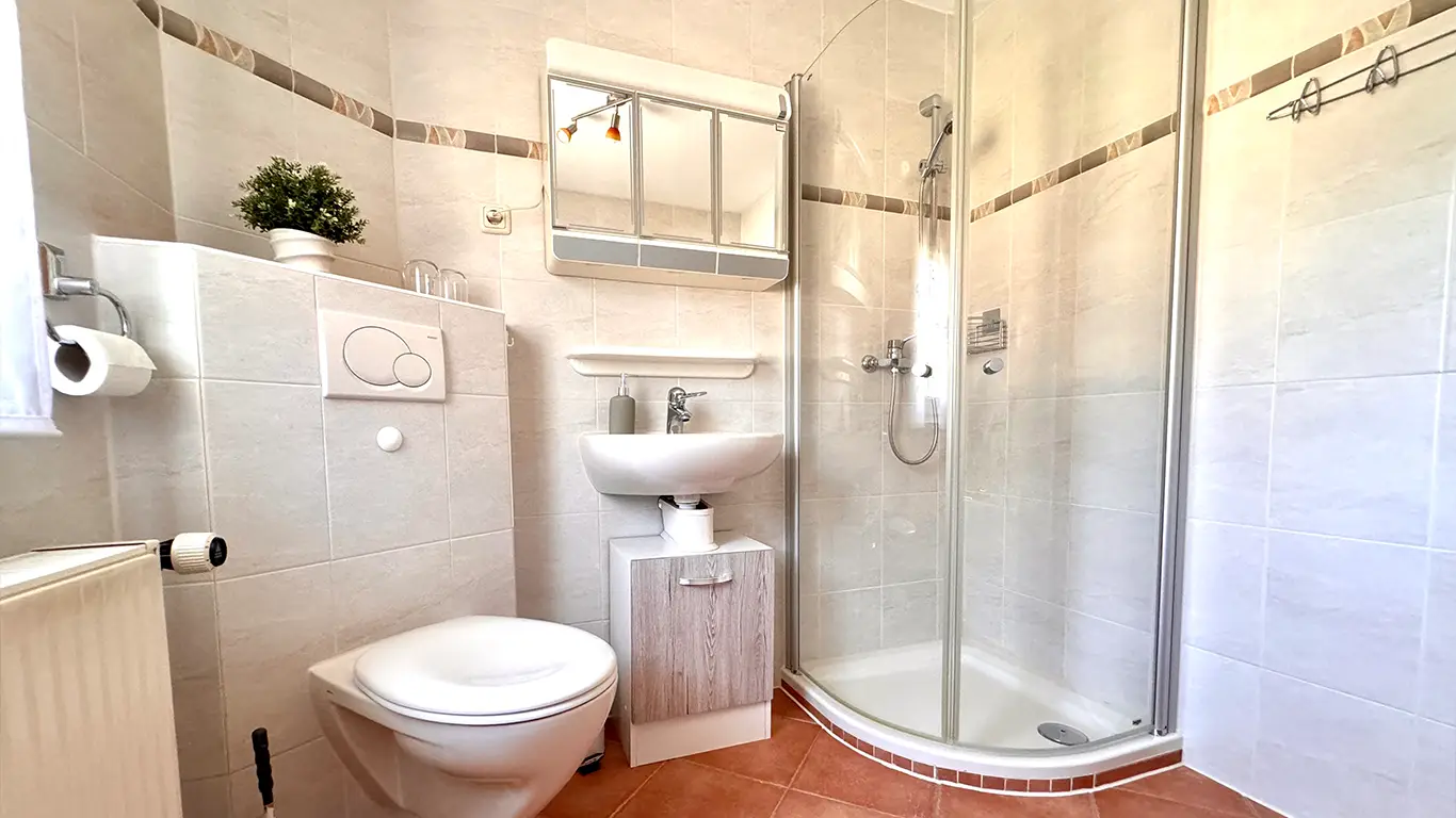 Kleines weiß gefliestes Badezimmer mit Wandtoilette, Waschbecken, Spiegelschrank und Duschkabine mit Glastüren.